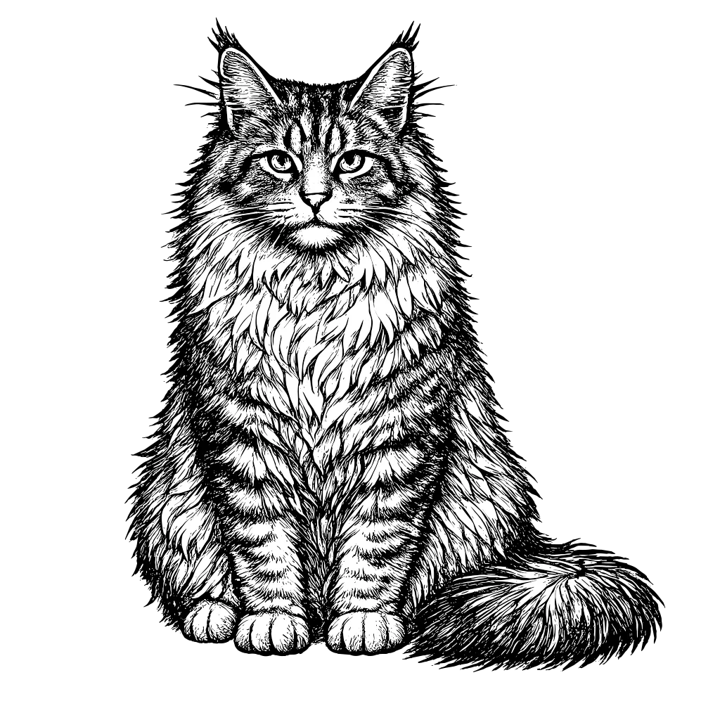 Woodcut illustration of a Maine Coon