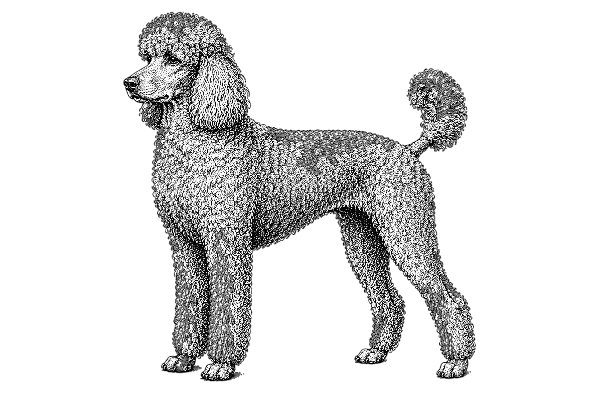 Woodcut-style illustration of a Standard Poodle