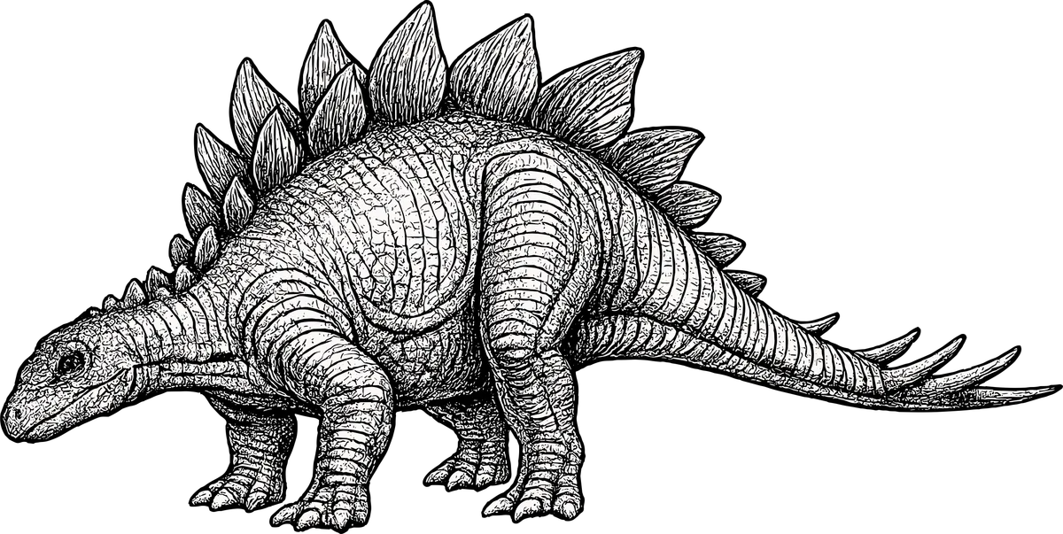 Woodcut-style illustration of a Stegosaurus