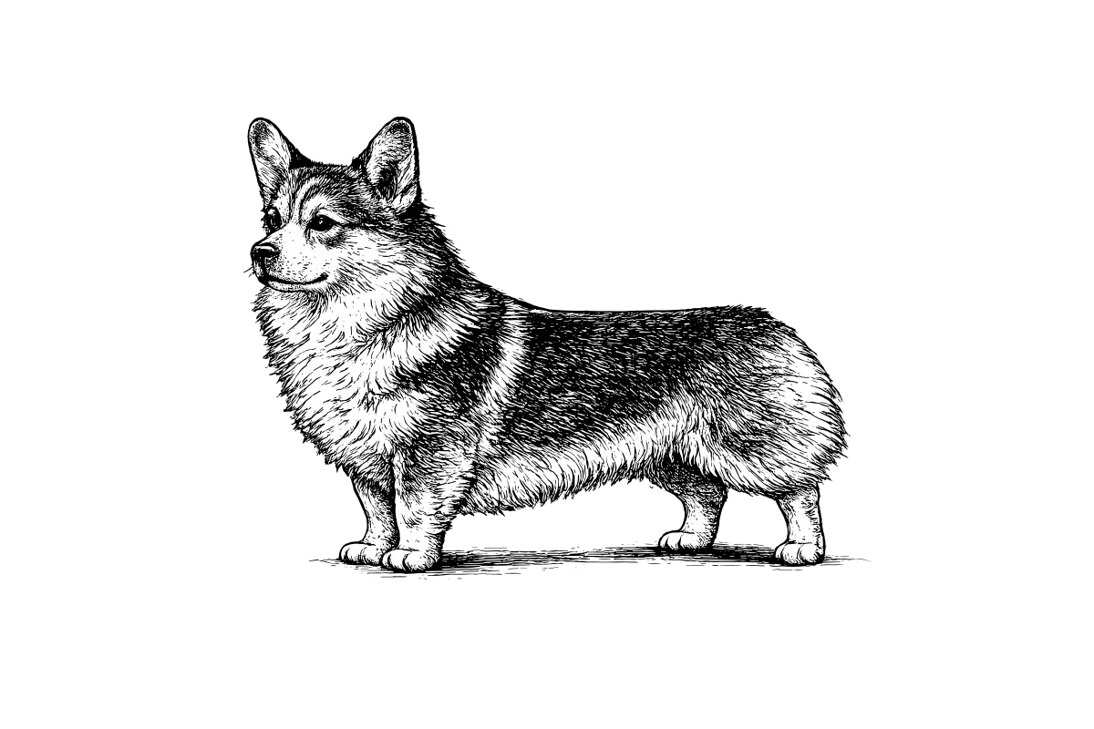 Woodcut illustration of a Pembroke Welsh Corgi